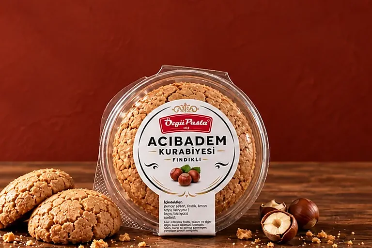Özgü Pasta fındıklı acıbadem kurabiyesi kabı, ahşap tezgâhta