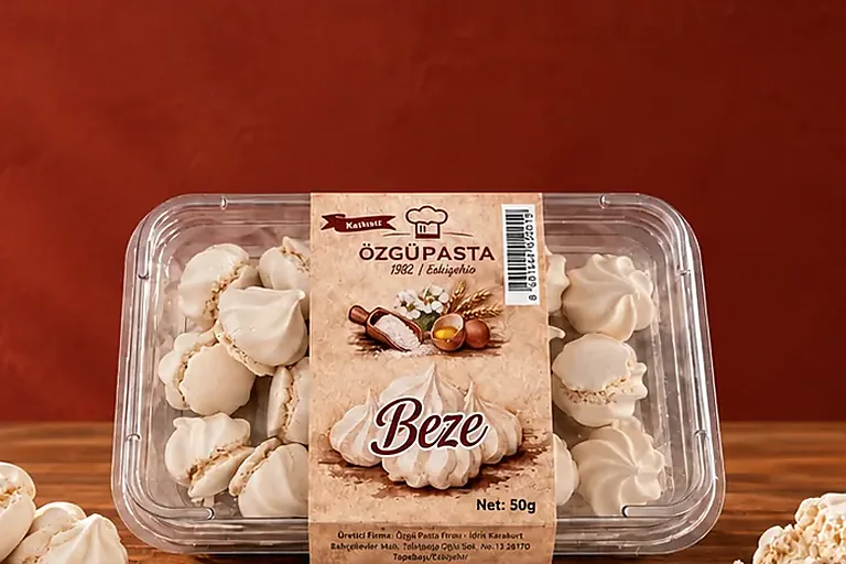 Özgü Pasta beze kabı, ahşap tezgâhta