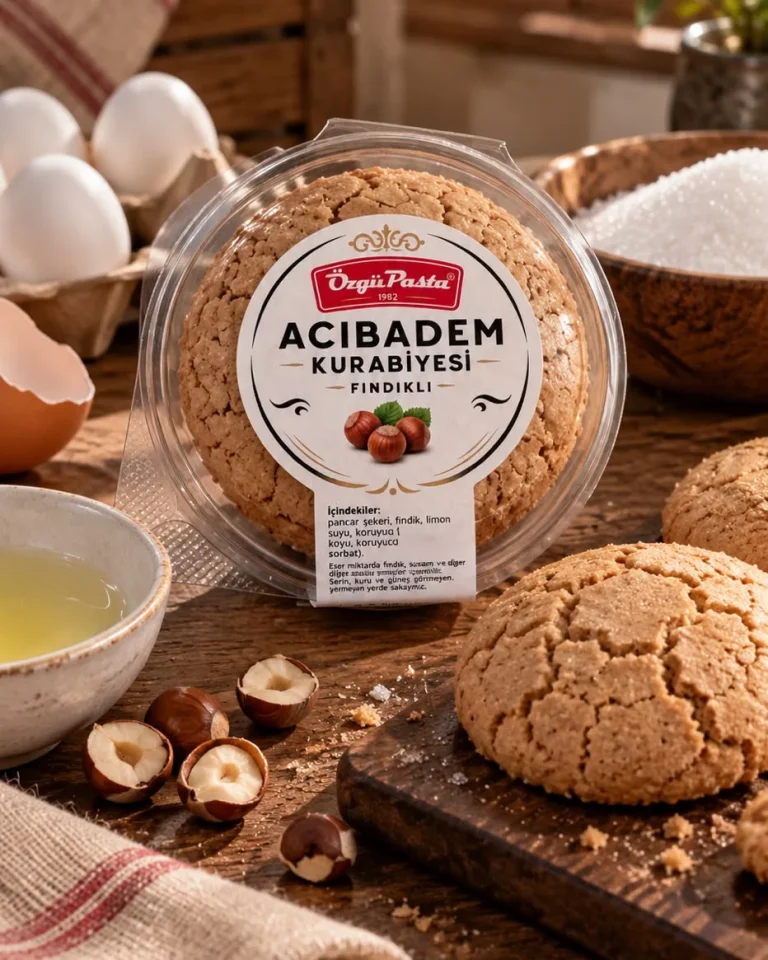 Özgü Pasta fındıklı acıbadem kurabiyesi paketi, fındık ve yumurta yanında