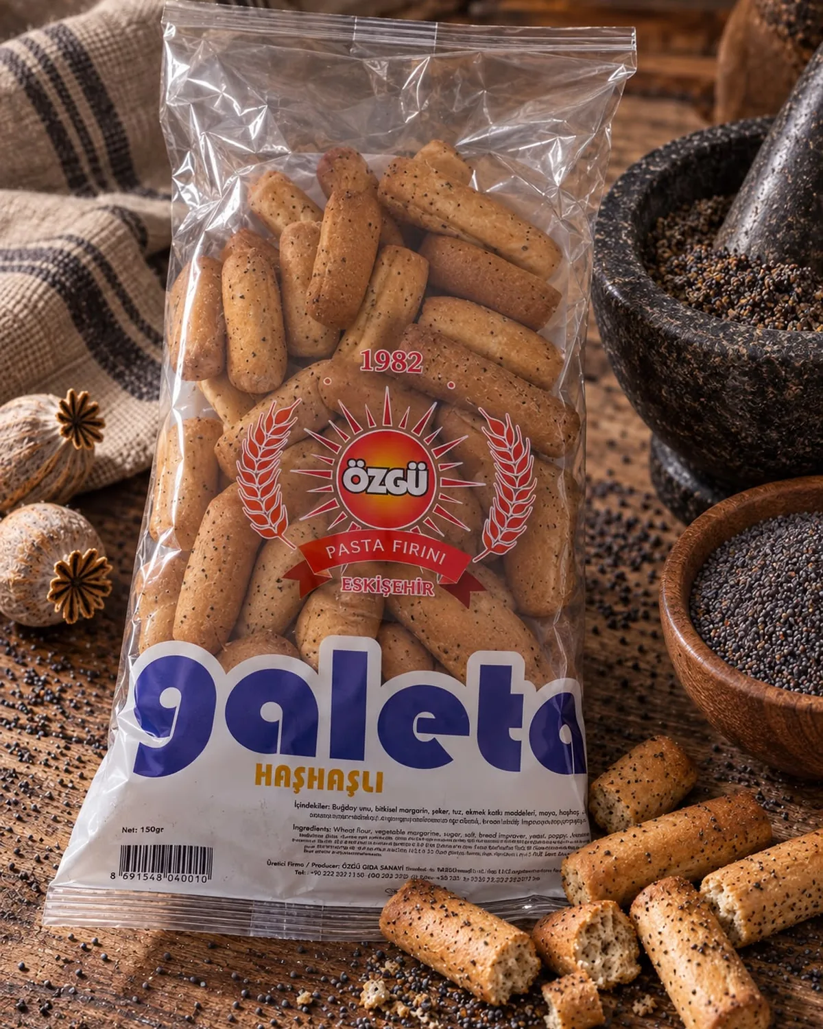 Özgü Pasta poppy seed breadstick pack, 150 g, with poppy seeds