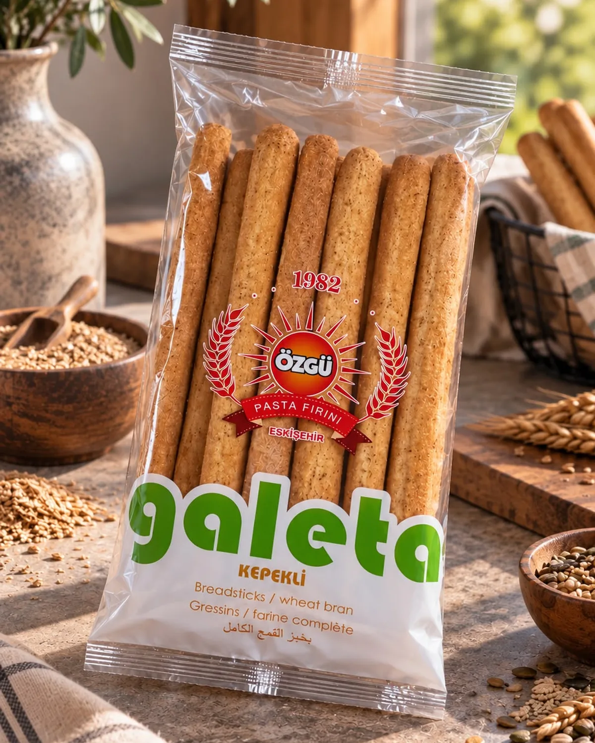 Paquet de gressins longs au son Özgü Pasta avec des bols de céréales