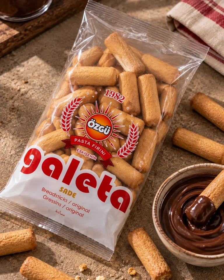 Özgü Pasta sade galeta paketi, arkasında çıtır galeta çubukları